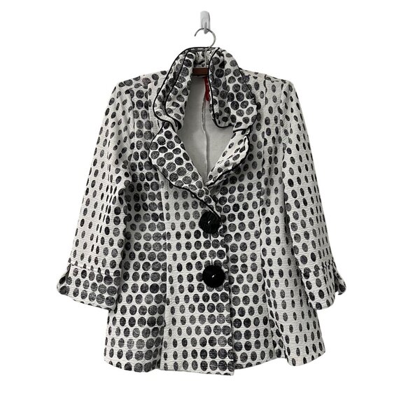 IC Connie K White Black Polka Dot Wired Collar Artsy Crinkle Jacket Size Medium - Picture 1 of 9